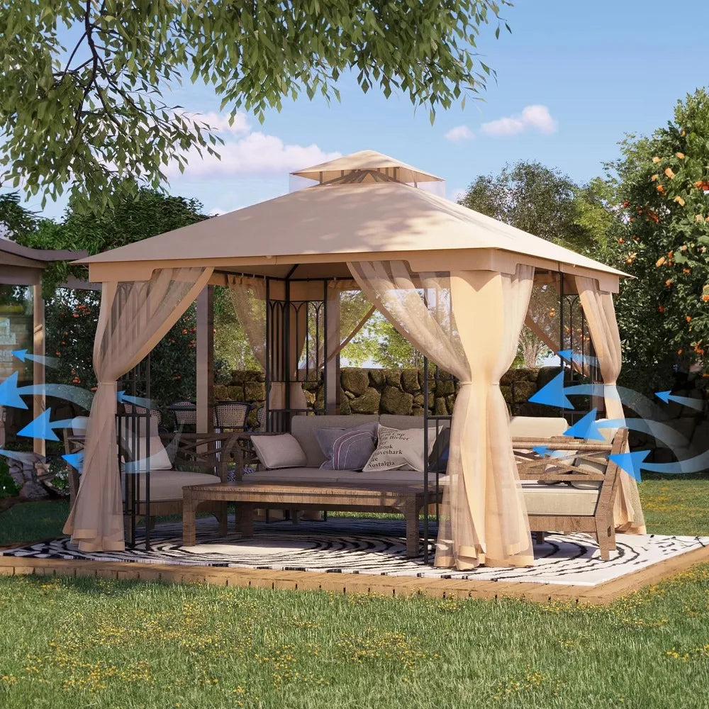 10x10 outdoor patio gazebo with mosquito netting, providing shaded shelter with insect protection for backyard, garden, or patio spaces.