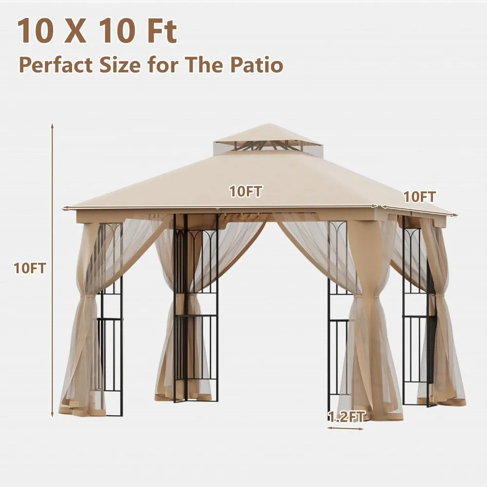 10x10 outdoor patio gazebo with mosquito netting, providing shaded shelter with insect protection for backyard, garden, or patio spaces.