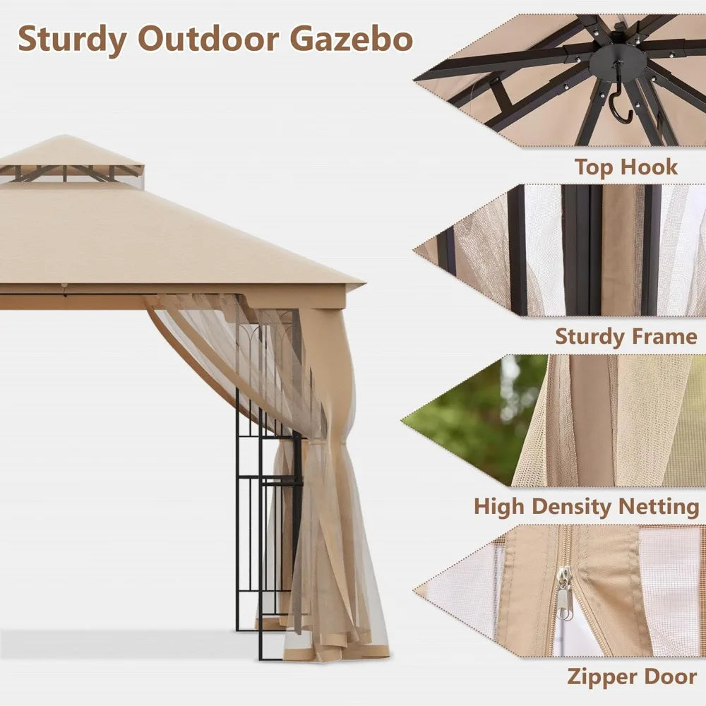 10x10 outdoor patio gazebo with mosquito netting, providing shaded shelter with insect protection for backyard, garden, or patio spaces.