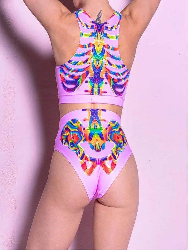 2-piece Rainbow Skeleton Rave Outfit featuring a colorful crop top and shorts set, perfect for festivals, raving, and bold summer looks
