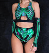 Electric Skull cropped matching rave outfit featuring a bold skull design crop top and bottoms, perfect for raving and festival looks