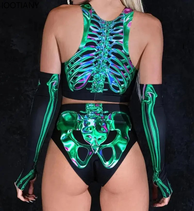 Electric Skull cropped matching rave outfit featuring a bold skull design crop top and bottoms, perfect for raving and festival looks