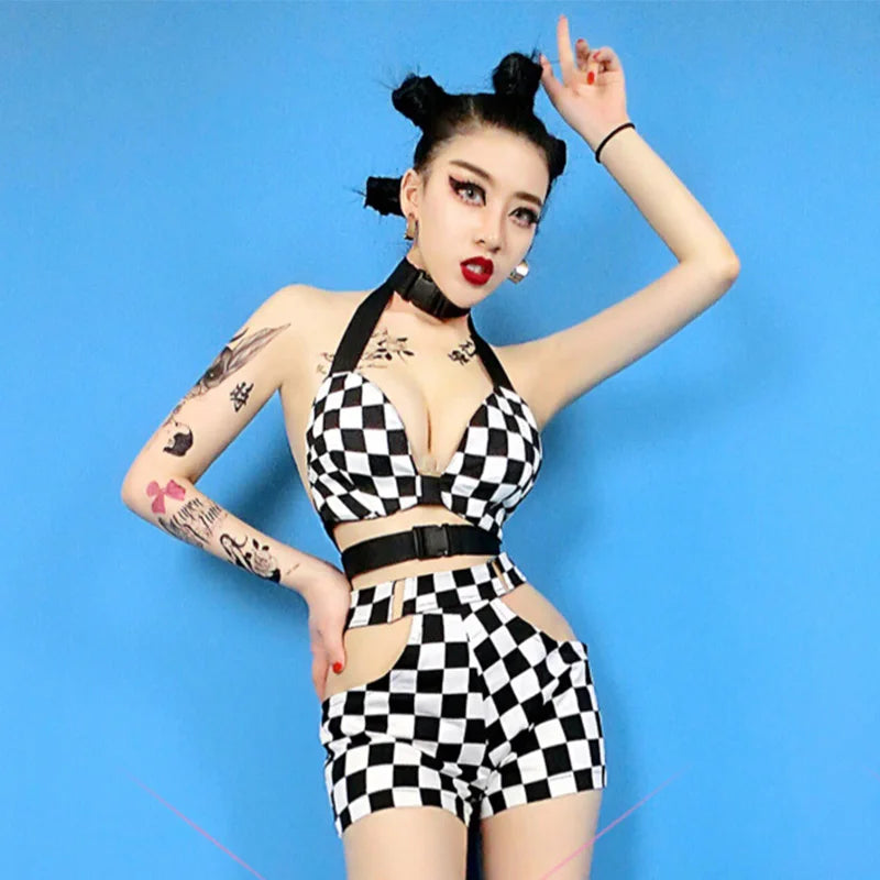 Electric Vibes: Black & White Checkered Rave Outfit