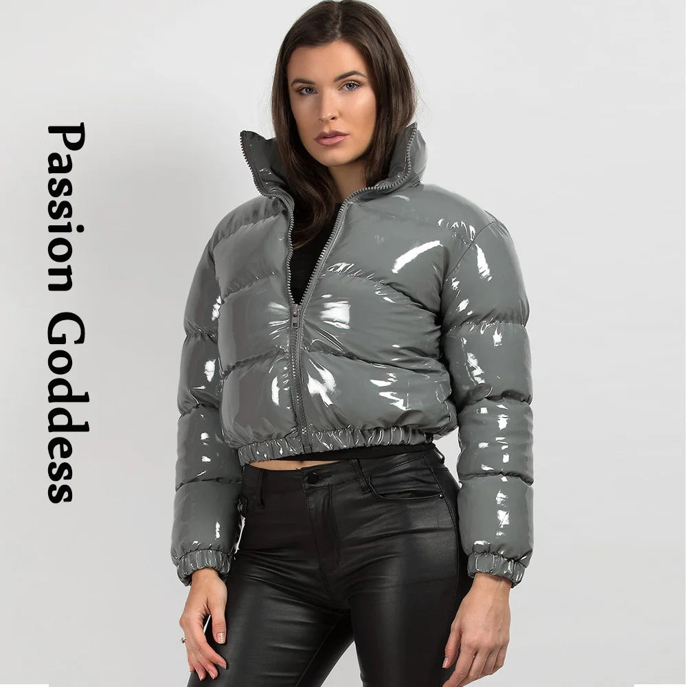 Cool Women Shiny Leather Down Jacket Black Pink PVC Short Bomber Puffer Jackets Bright PU Cropped Parkas Down Bubble Coats XXL