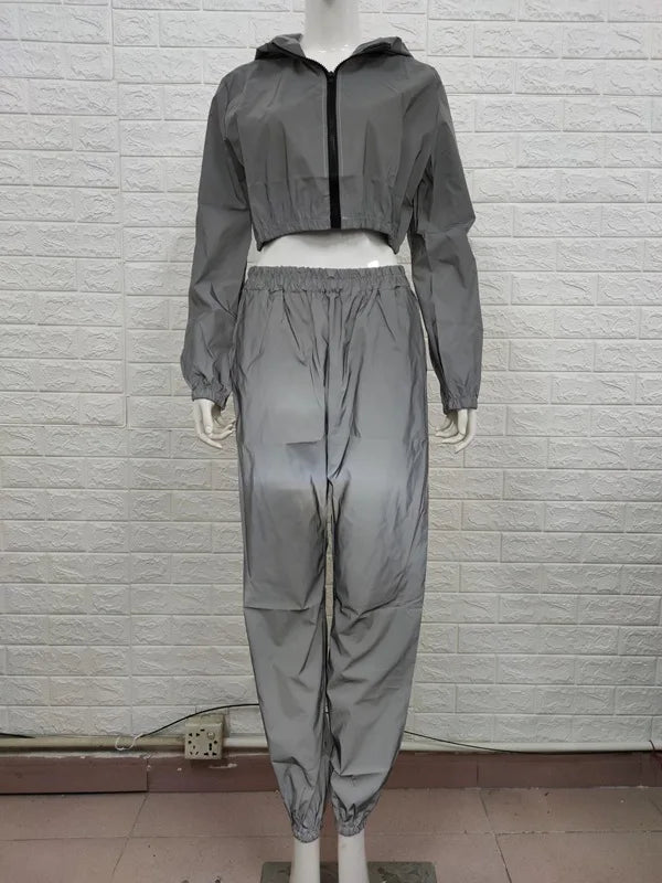 Reflective Cropped Tracksuit, Long Sleeve Sweatshirt & Joggers