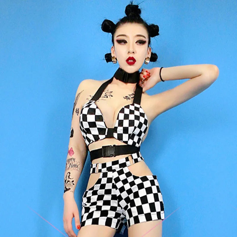 Electric Vibes: Black & White Checkered Rave Outfit