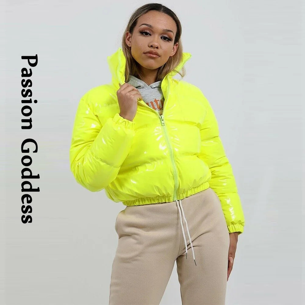 Cool Women Shiny Leather Down Jacket Black Pink PVC Short Bomber Puffer Jackets Bright PU Cropped Parkas Down Bubble Coats XXL