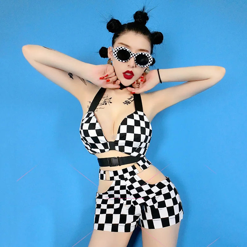 Electric Vibes: Black & White Checkered Rave Outfit