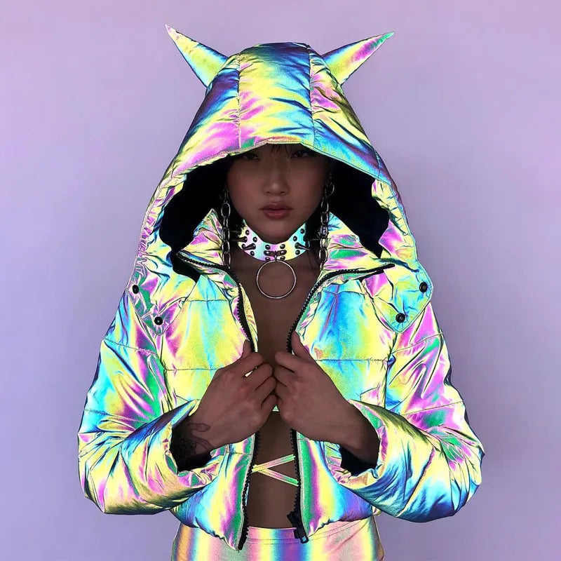 Winter Reflective Cropped Hooded Coat