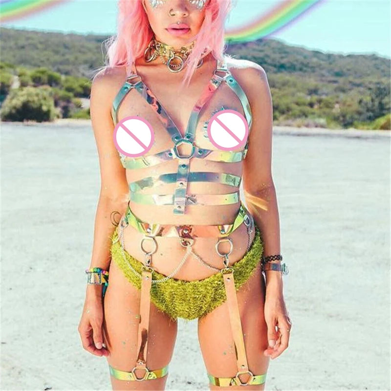 Holographic Rave Harness With Choker