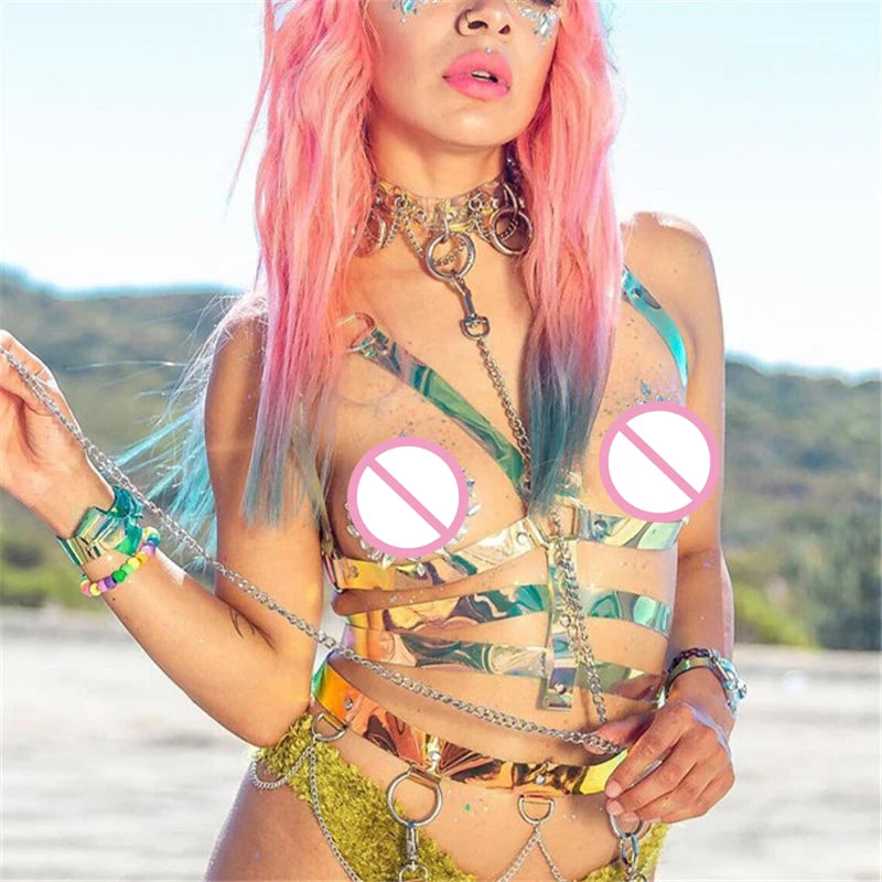 Holographic Rave Harness With Choker