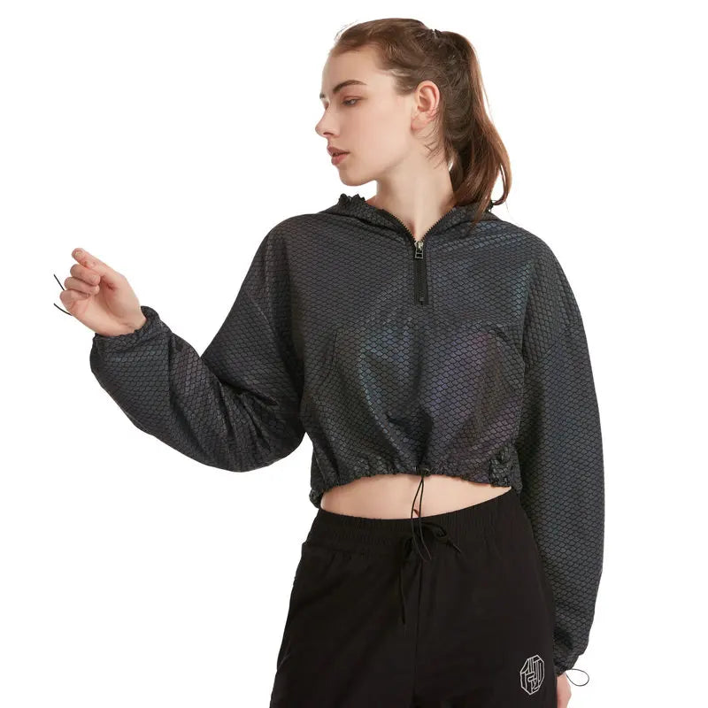 Women Reflective Jogger Crop Top Fish Scale Drawstring Front Pocket Hooded Coat