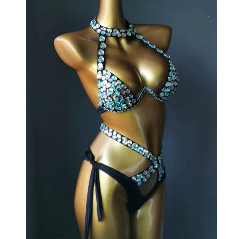 Radiant Revive: Luxury Rhinestone Rave Bikini Set