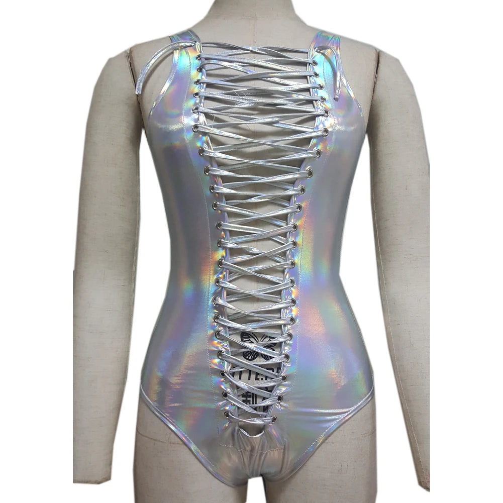 Lace Up Holographic Rave Bodysuit