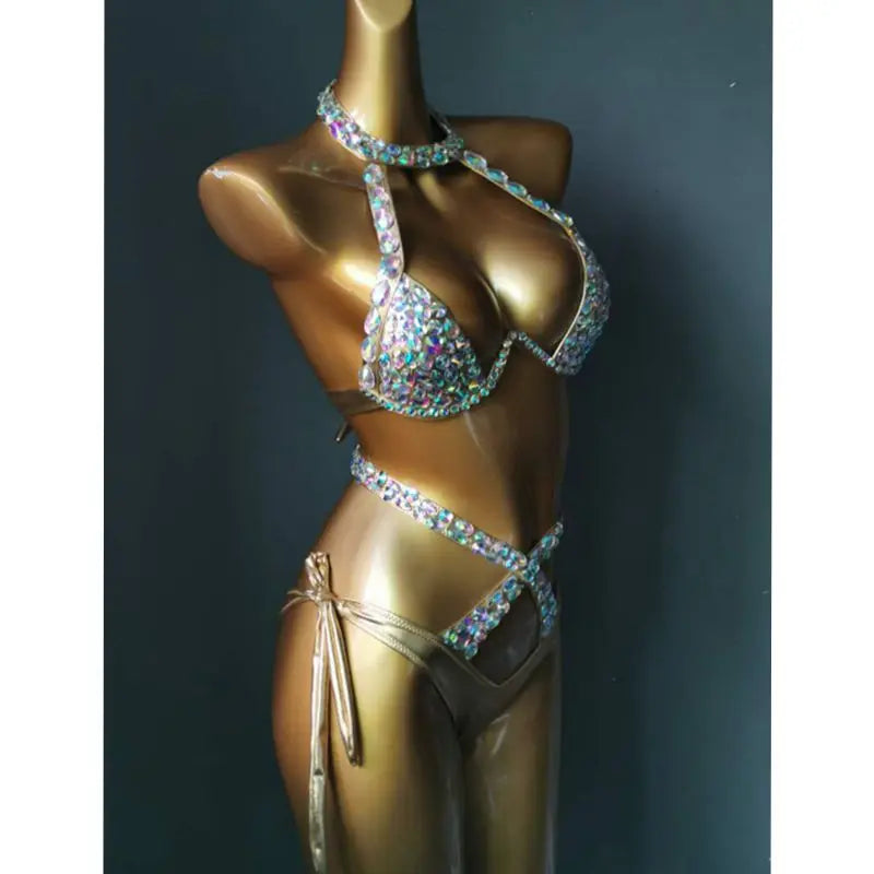 Radiant Revive: Luxury Rhinestone Rave Bikini Set