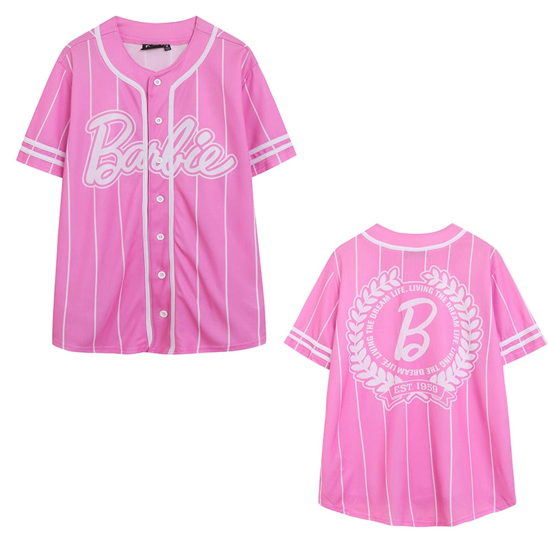 Bright pink jersey with 'Barbie' graphic, designed for rave events. Features a relaxed fit and breathable fabric, perfect for dancing and nightlife