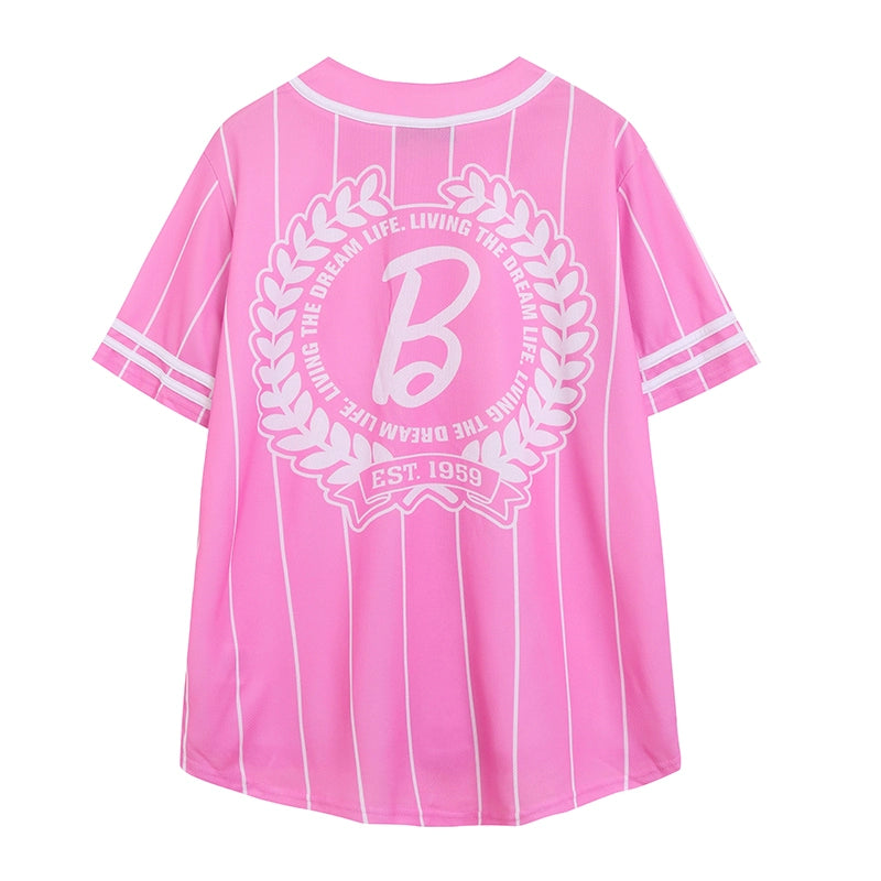 Bright pink jersey with 'Barbie' graphic, designed for rave events. Features a relaxed fit and breathable fabric, perfect for dancing and nightlife