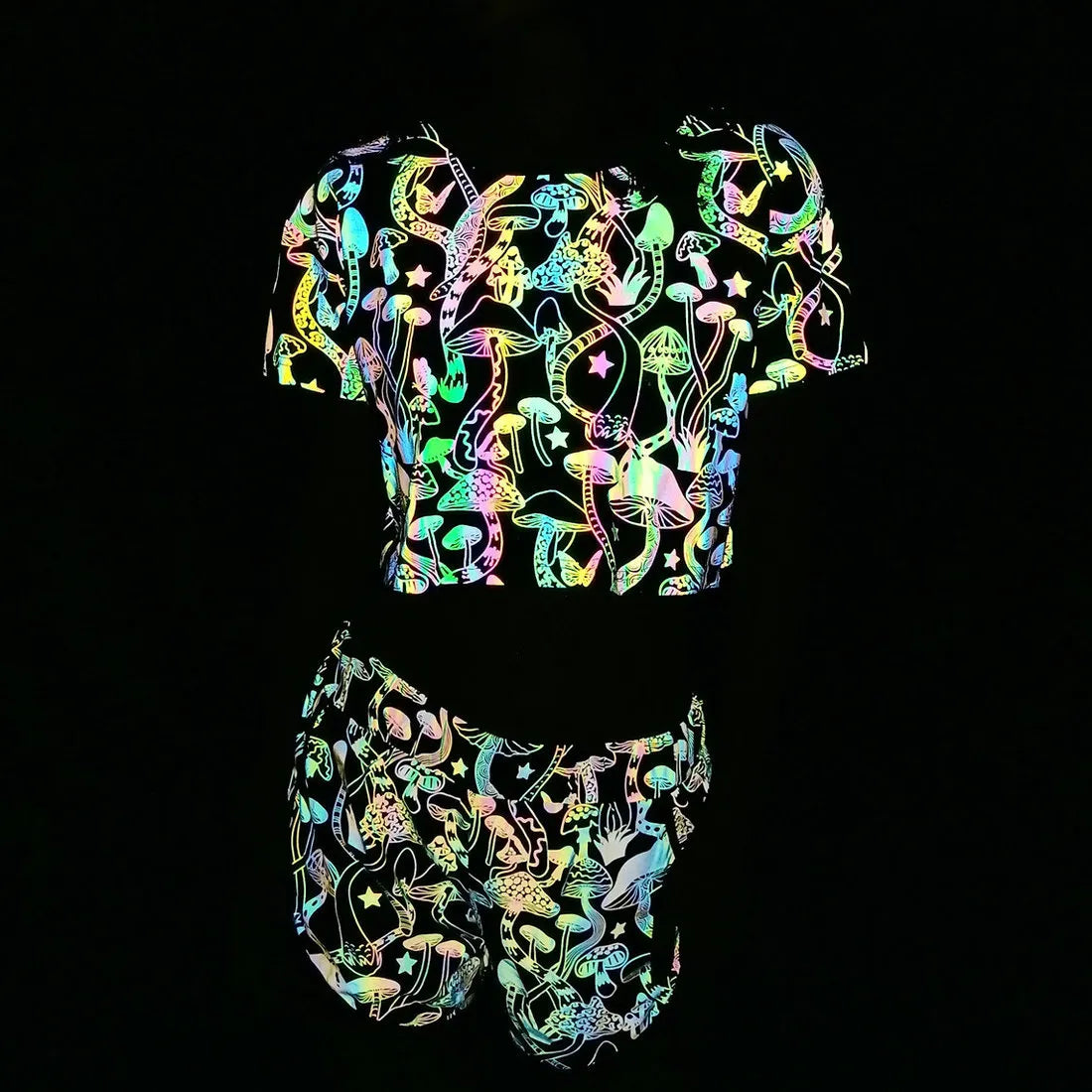 Mushroom Print Reflective Crop T-Shirt