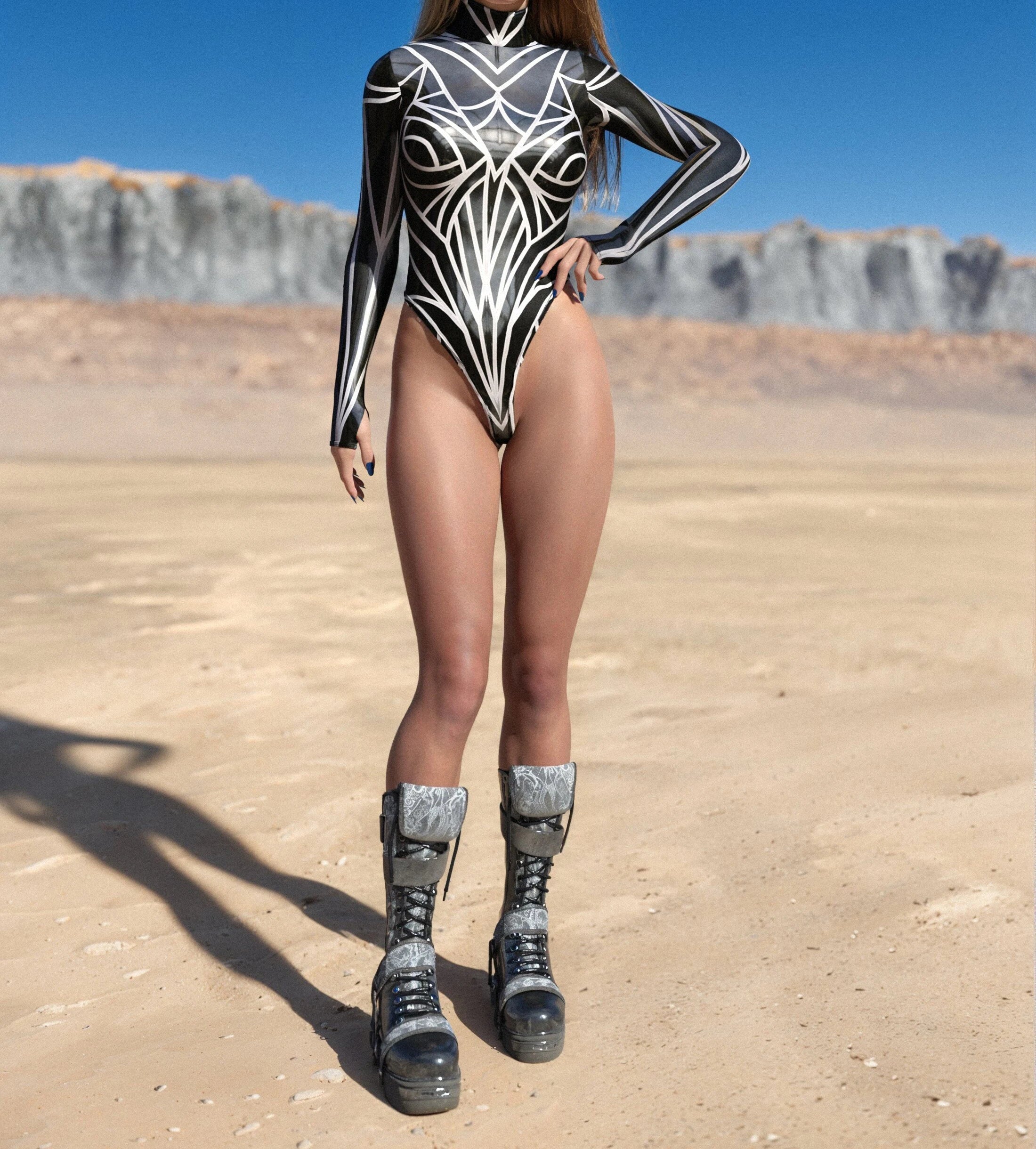 Monochrome Chic High cut Rave Bodysuit 