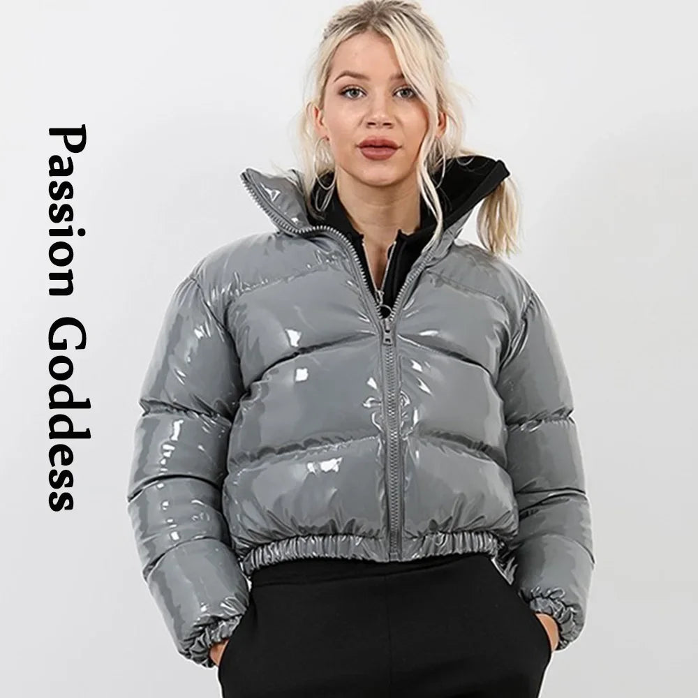 Cool Women Shiny Leather Down Jacket Black Pink PVC Short Bomber Puffer Jackets Bright PU Cropped Parkas Down Bubble Coats XXL