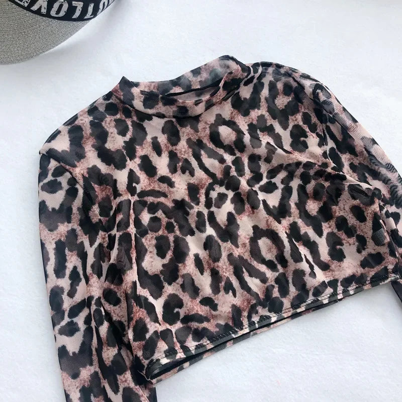 Long Sleeve 3 Piece High Cut Leopard Bikini