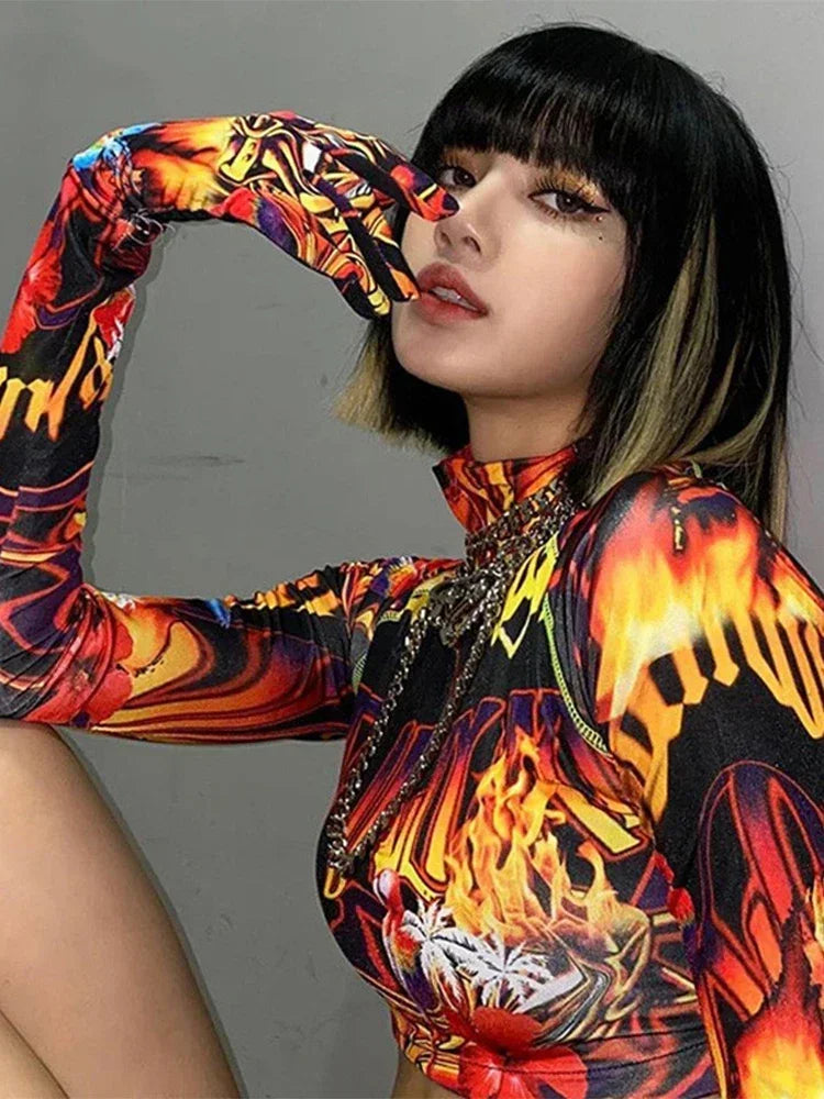 Sexy Fire Flame Long Sleeve Rave  Crop Top