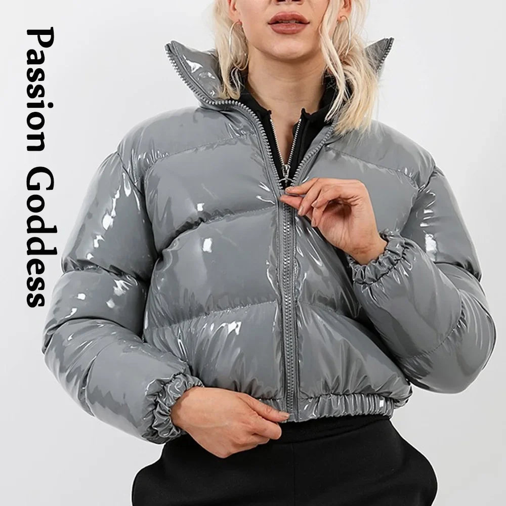 Cool Women Shiny Leather Down Jacket Black Pink PVC Short Bomber Puffer Jackets Bright PU Cropped Parkas Down Bubble Coats XXL