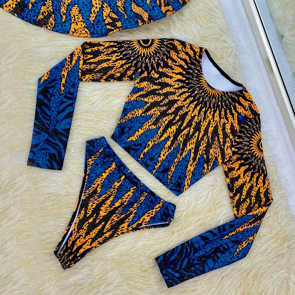 Long Sleeve  High Waisted Blue and Gold Rave Outfit