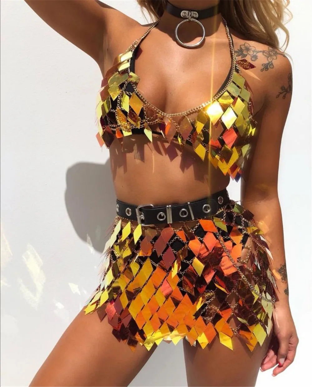 Rhombic Sequins W Mini Skirt Fashion Rave Set