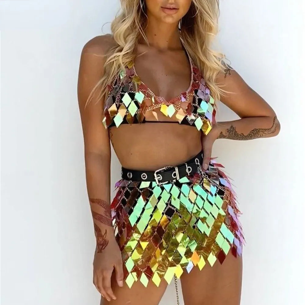 Rhombic Sequins W Mini Skirt Fashion Festival Set