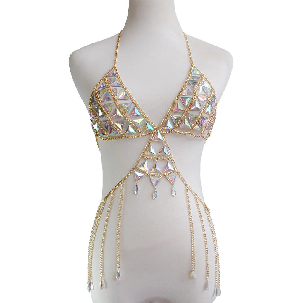 Acrylic Gems Sequin Rave Chain Bra