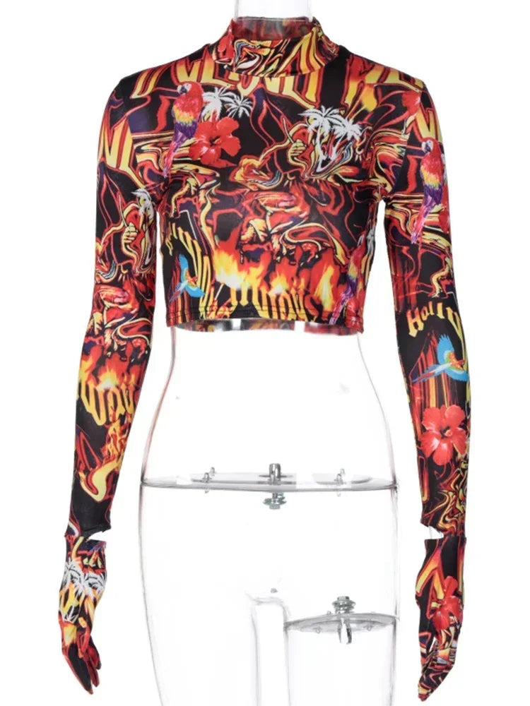 Sexy Fire Flame Long Sleeve Rave  Crop Top