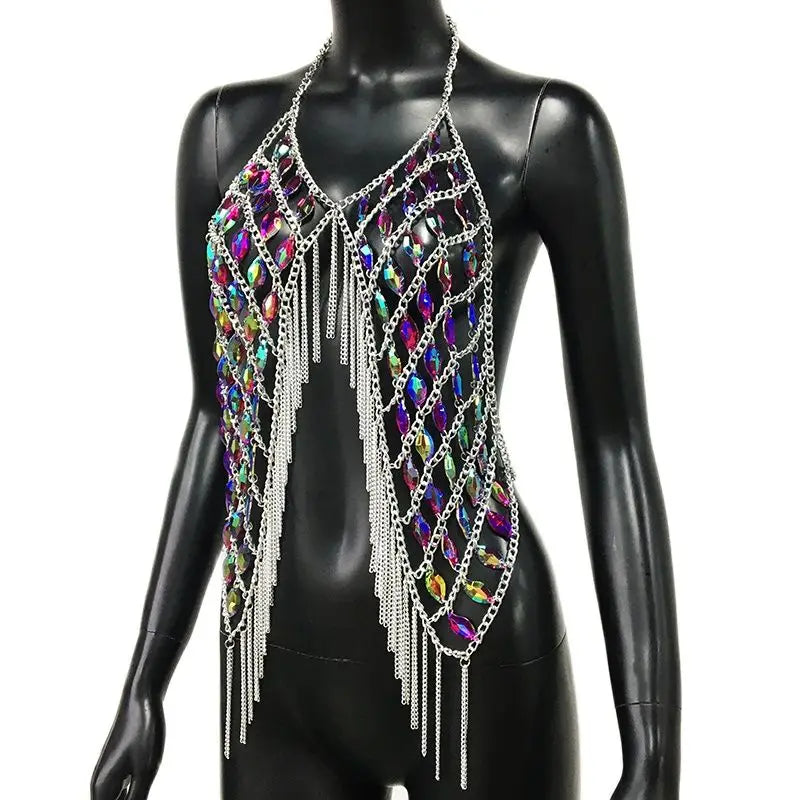 Colorful Waterdrop Rhinestone Backless Chain top