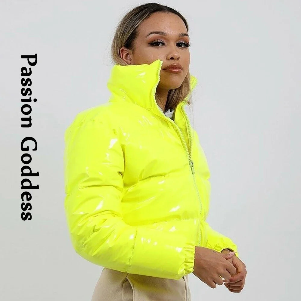 Cool Women Shiny Leather Down Jacket Black Pink PVC Short Bomber Puffer Jackets Bright PU Cropped Parkas Down Bubble Coats XXL