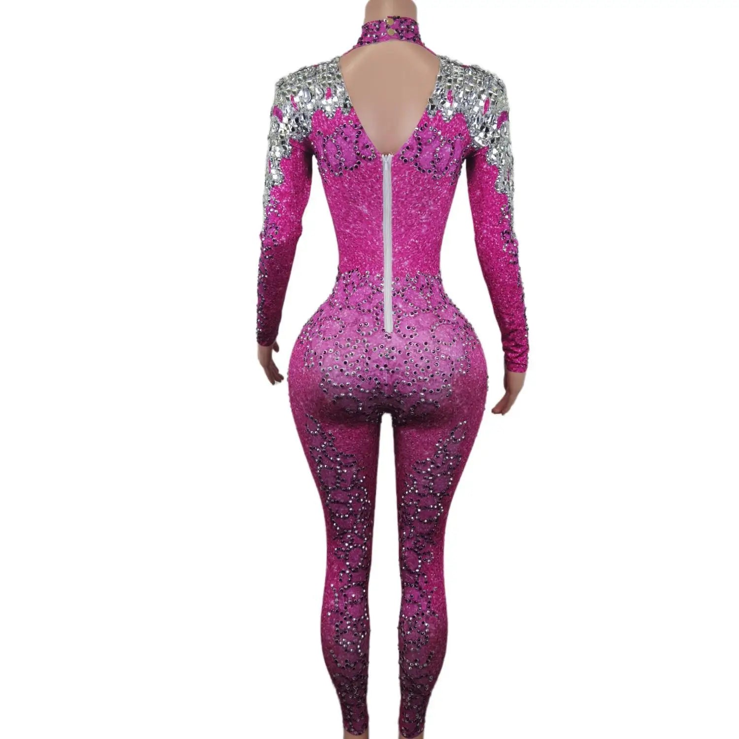 Sexy Pink High Necked and Backless One Piece Bodysuit