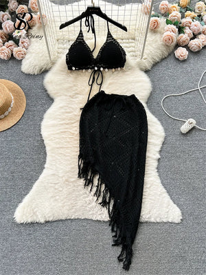 Halter Backless Bikini+Drawstring Tassel Skirt Two Pieces Set