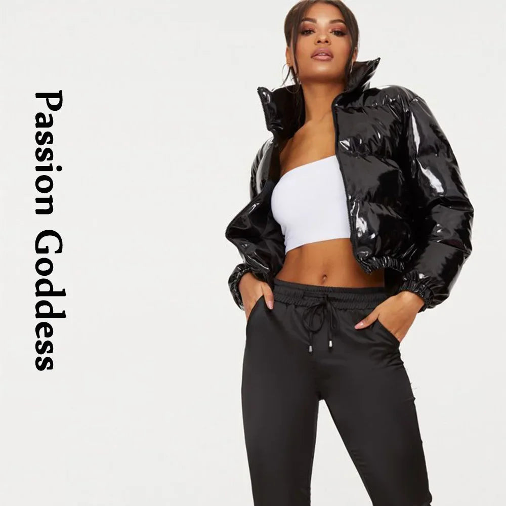 Cool Women Shiny Leather Down Jacket Black Pink PVC Short Bomber Puffer Jackets Bright PU Cropped Parkas Down Bubble Coats XXL