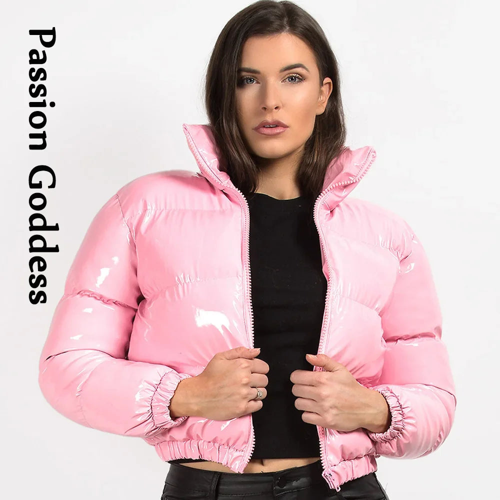 Cool Women Shiny Leather Down Jacket Black Pink PVC Short Bomber Puffer Jackets Bright PU Cropped Parkas Down Bubble Coats XXL