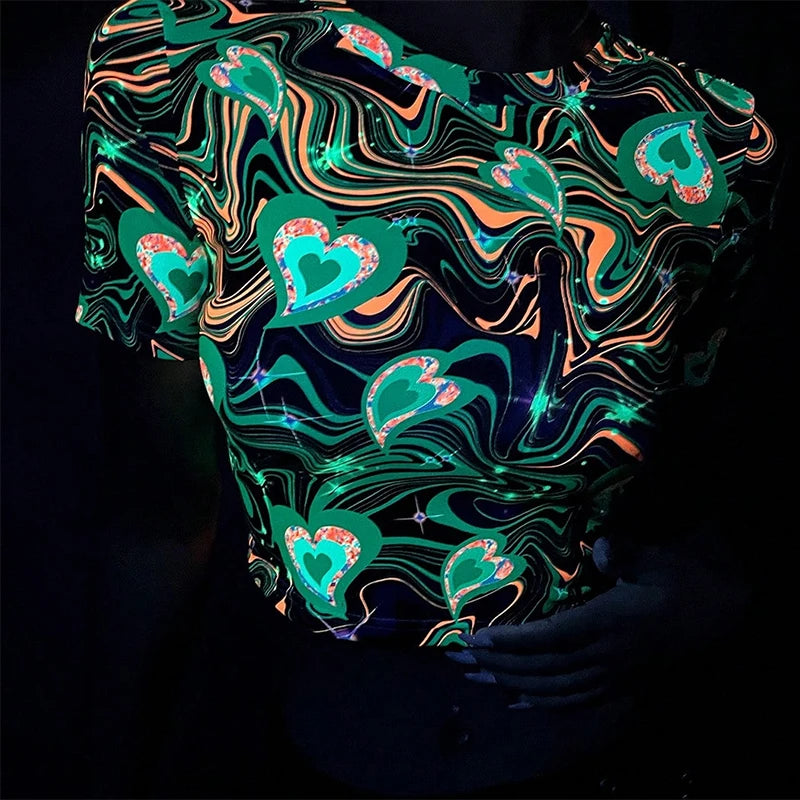 Y2K UV reactive Glow in the dark psychedelic Rave Crop Top