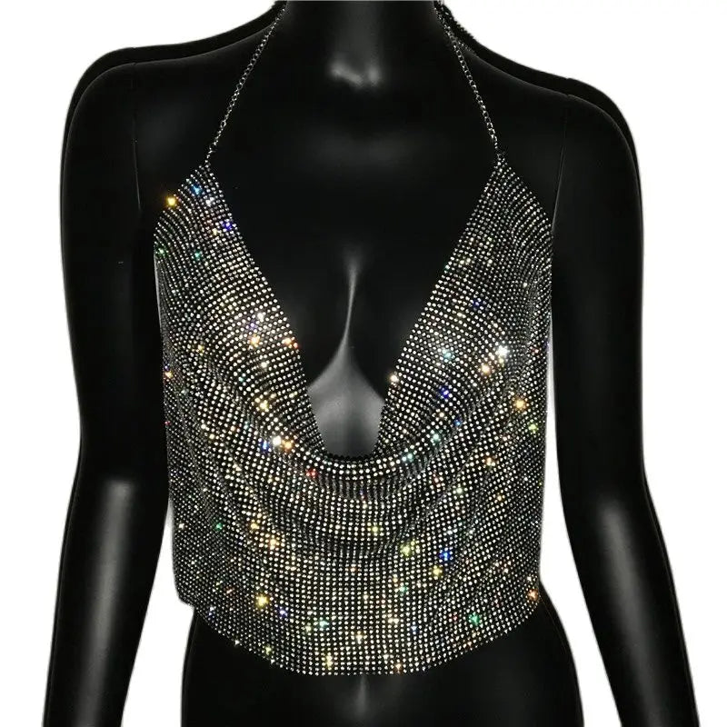 Sexy Halter Handmade Rhinestones Crop Top