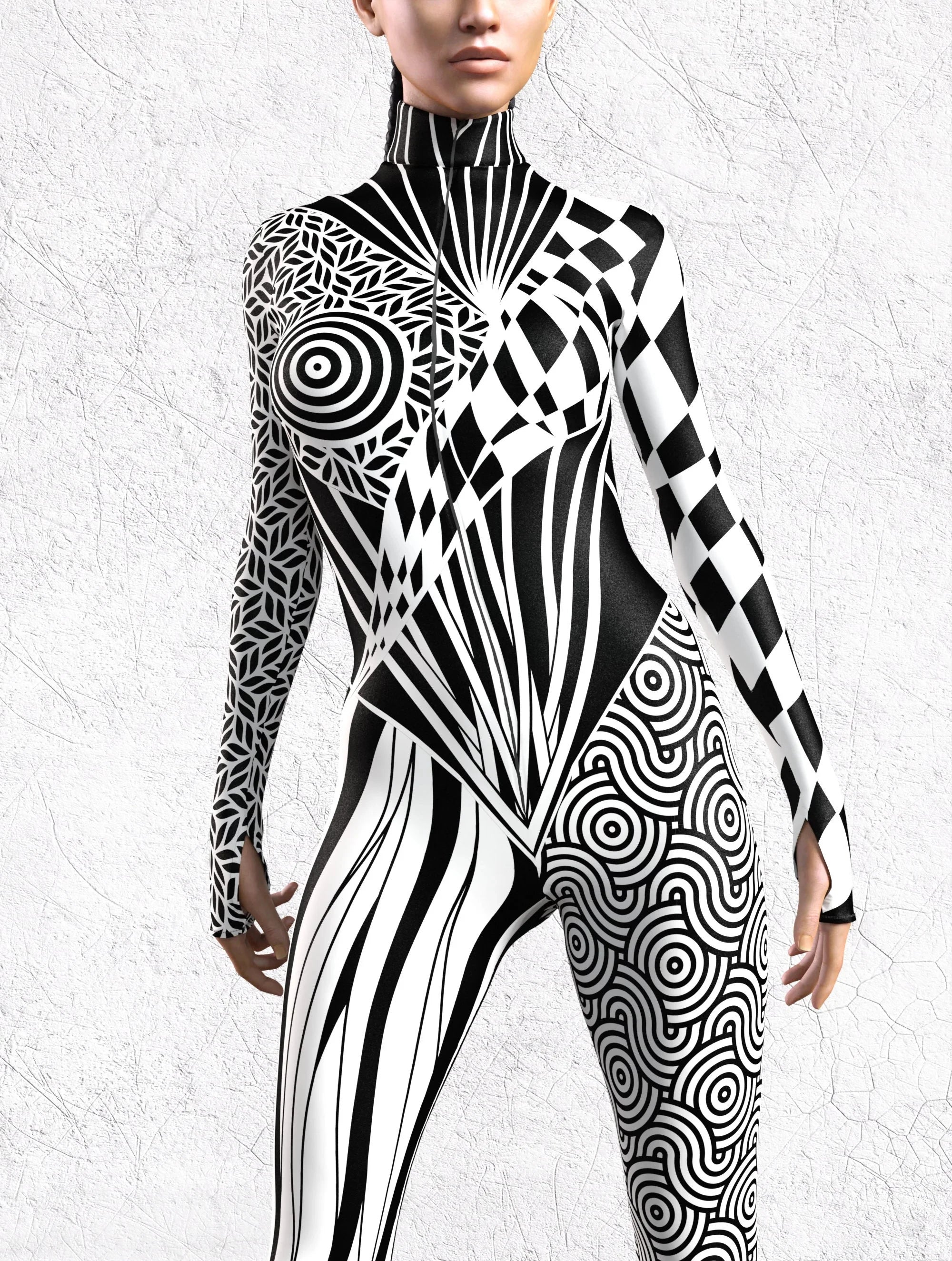 black&White Full-Body Rave Bodysuit