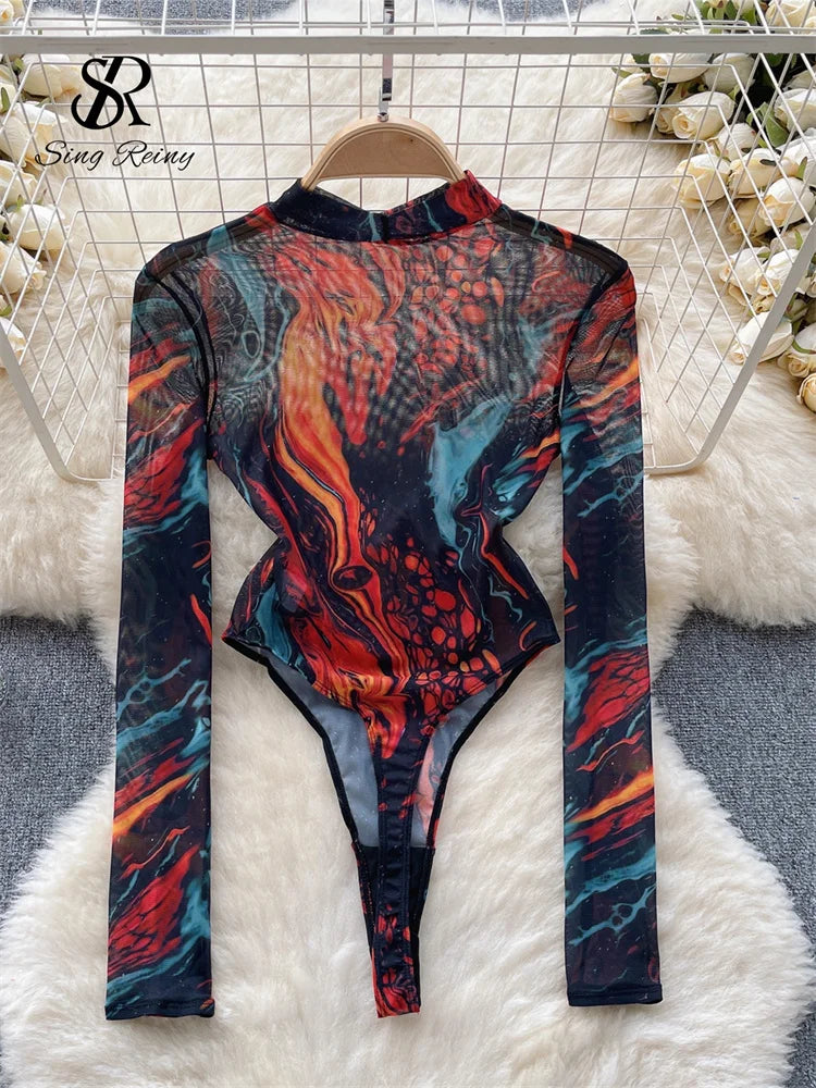 Tie Dye Print Mesh Long Sleeve Bodysuit