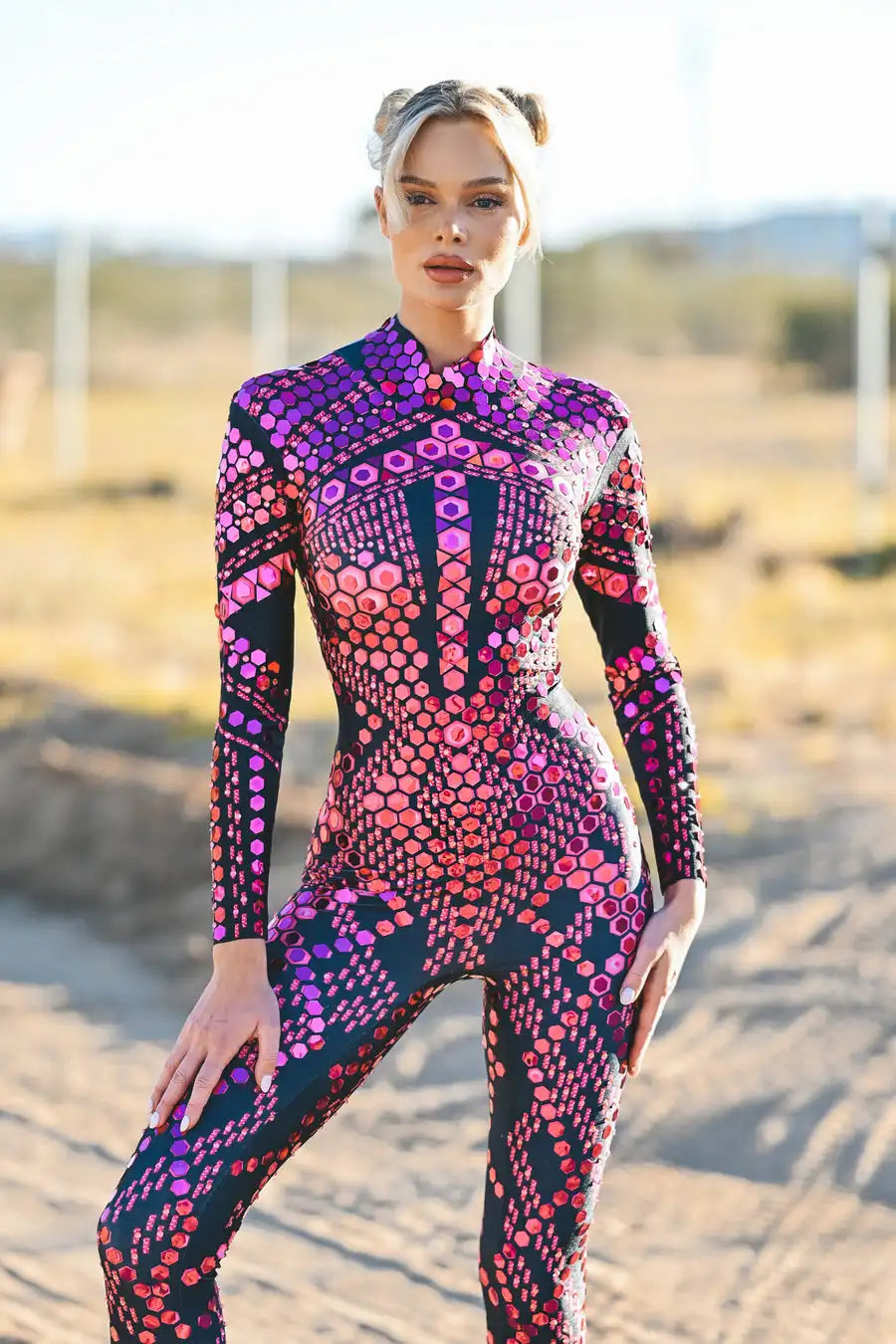 Sequin Long Sleeve Full-Body Rave Bodysuit