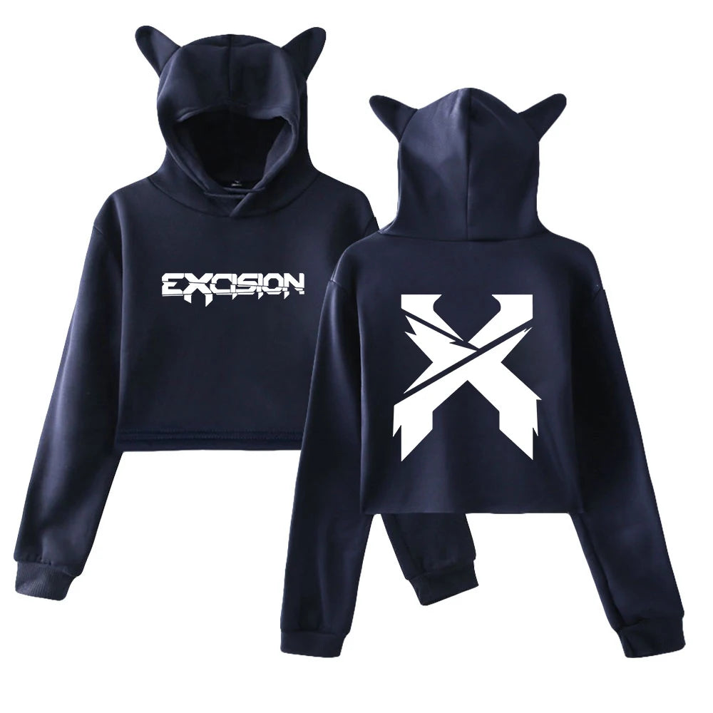 Excision Long Sleeve Crop Top Hoodie; With ears