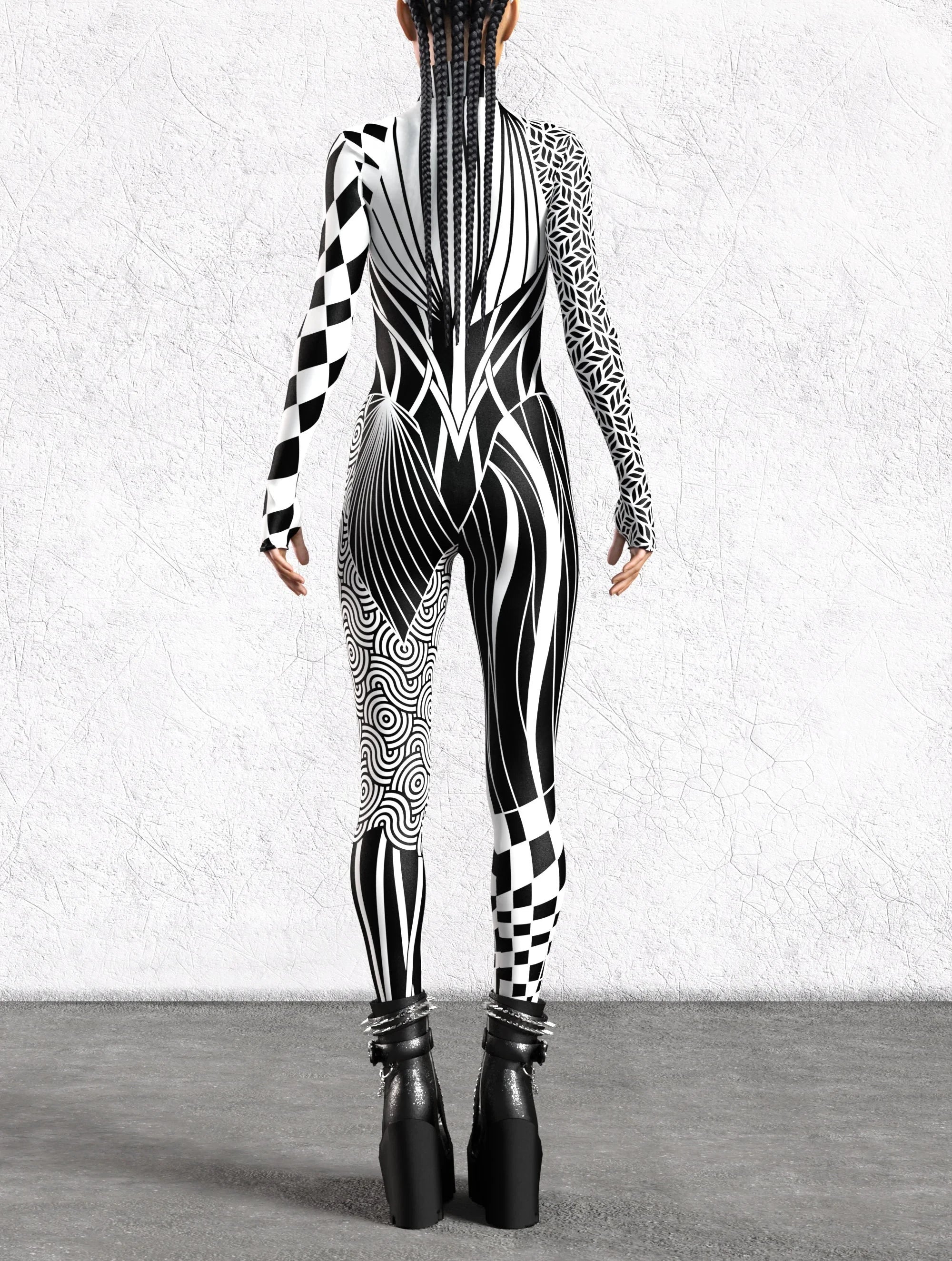 black&White Full-Body Rave Bodysuit