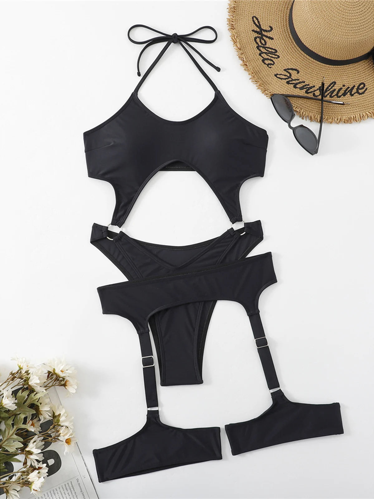 Sexy  Cut Out Rave Bodysuit With Garter