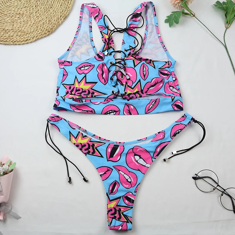 Sexy Push Up Two Piece Lace Up Bikini Set