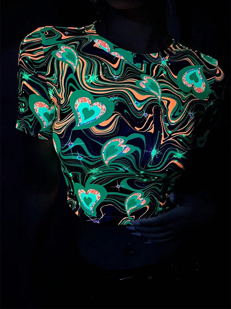 Y2K UV reactive Glow in the dark psychedelic Rave Crop Top