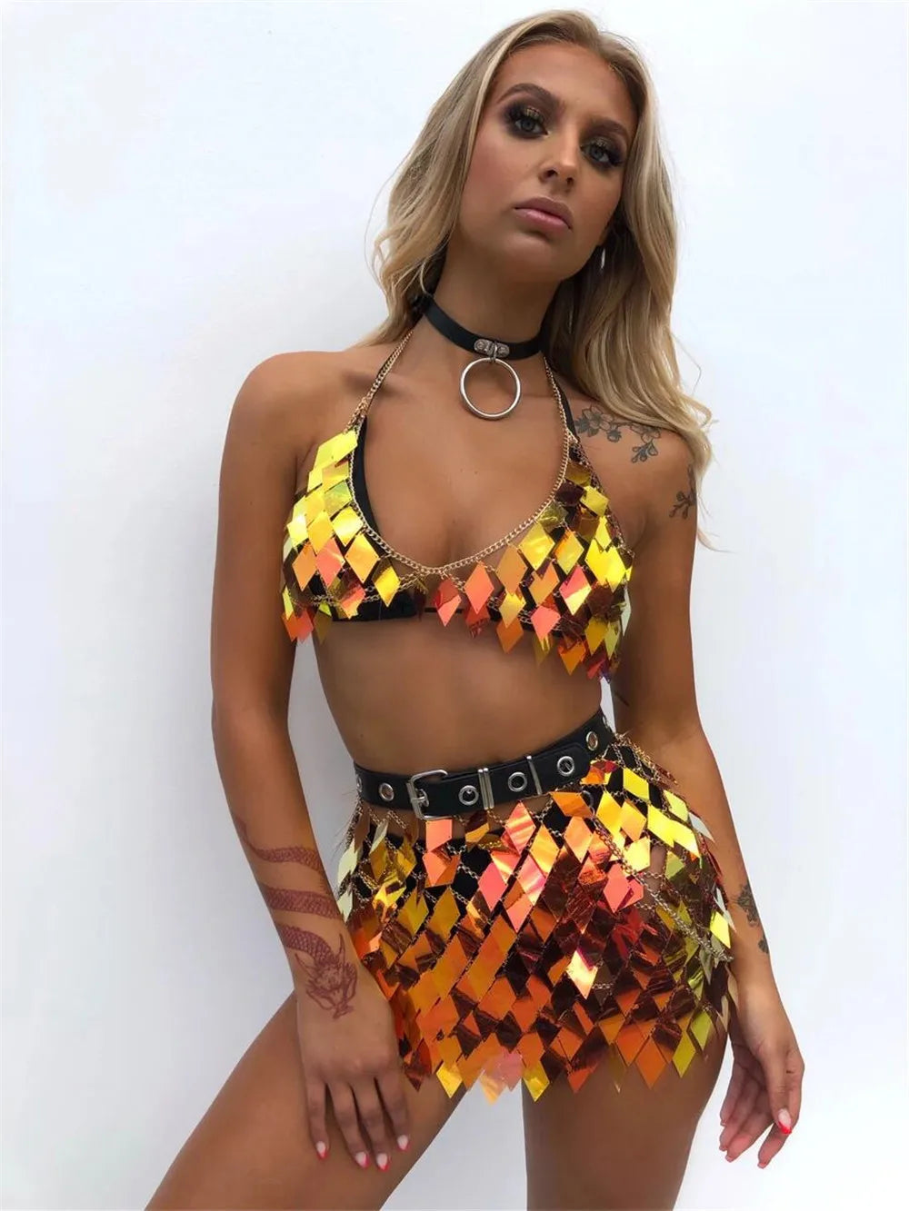 Rhombic Sequins W Mini Skirt Fashion Rave Set