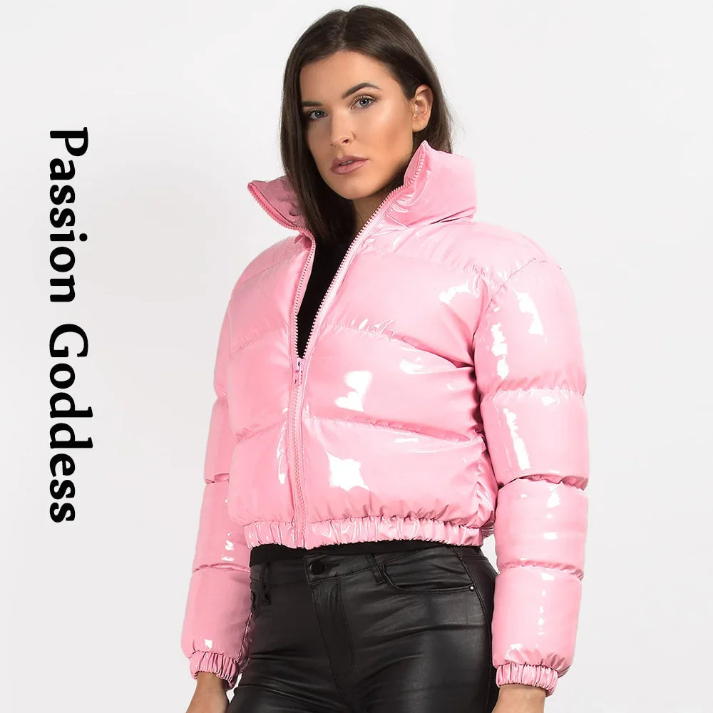 Cool Women Shiny Leather Down Jacket Black Pink PVC Short Bomber Puffer Jackets Bright PU Cropped Parkas Down Bubble Coats XXL